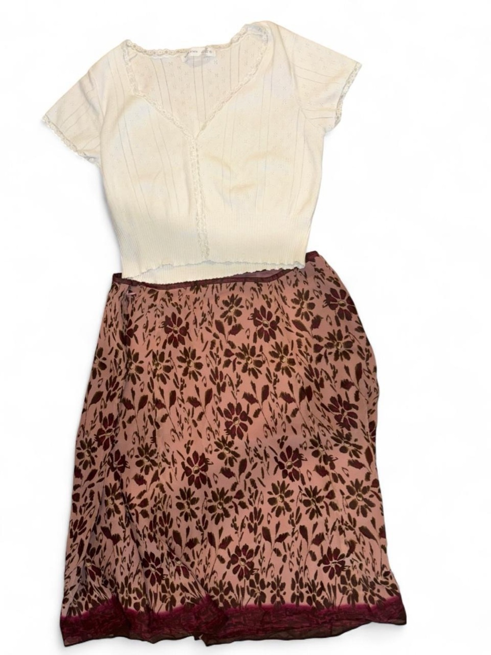 Dusty Rose Floral Midi Skirt with Scallop Hem